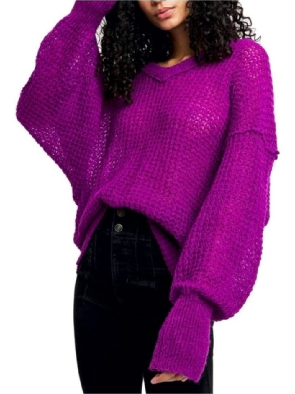Free People Neon Magenta Whimsigoth Oversized V-Neck Alpaca & Wool Lulu Sweater
